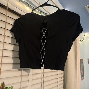 WINDSOR black short sleeve ribbed crop top with crystal / diamante chain lace up